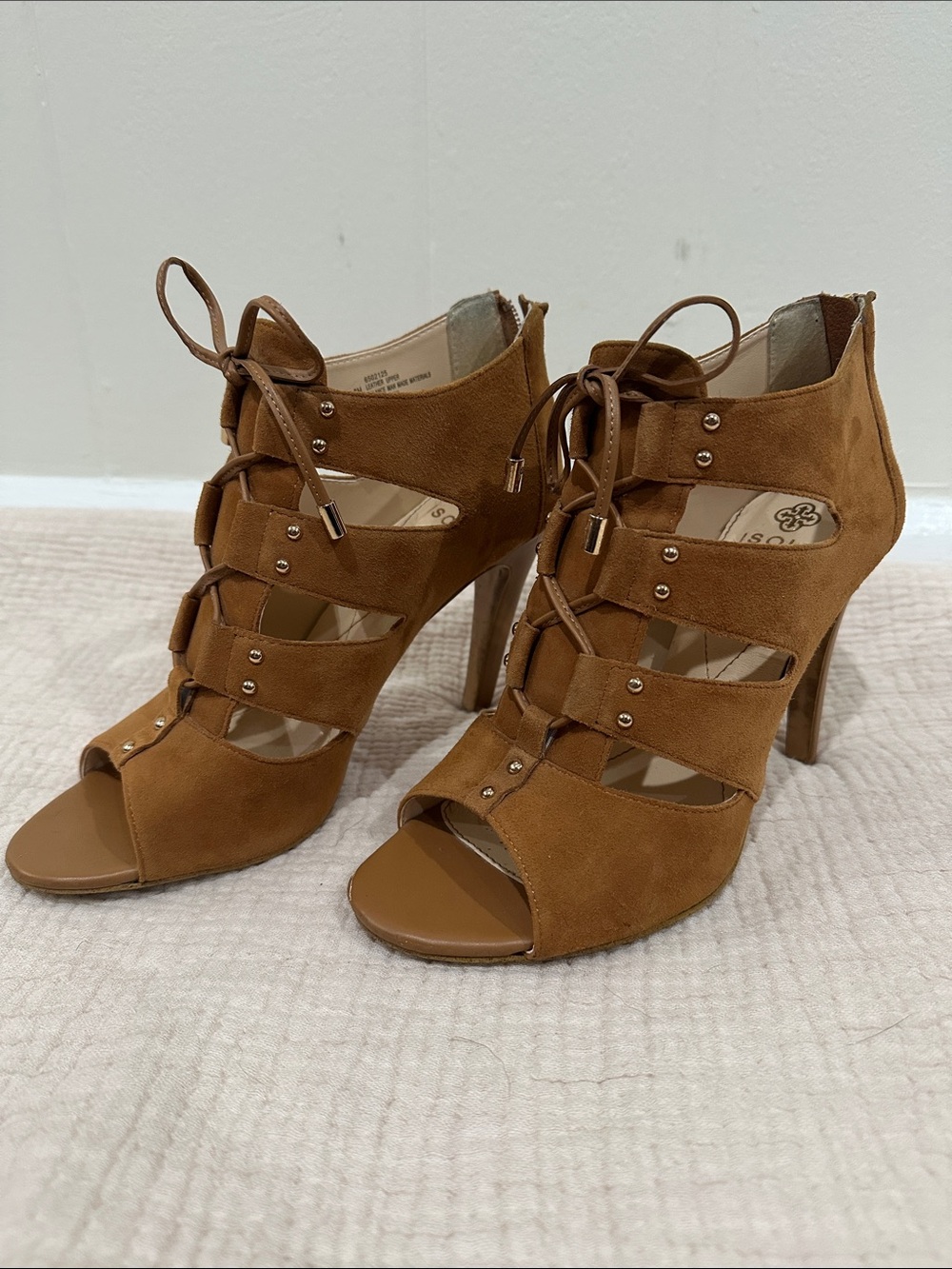 Isola Tan Suede Lace-Up Peep Toe High Heel Sandals